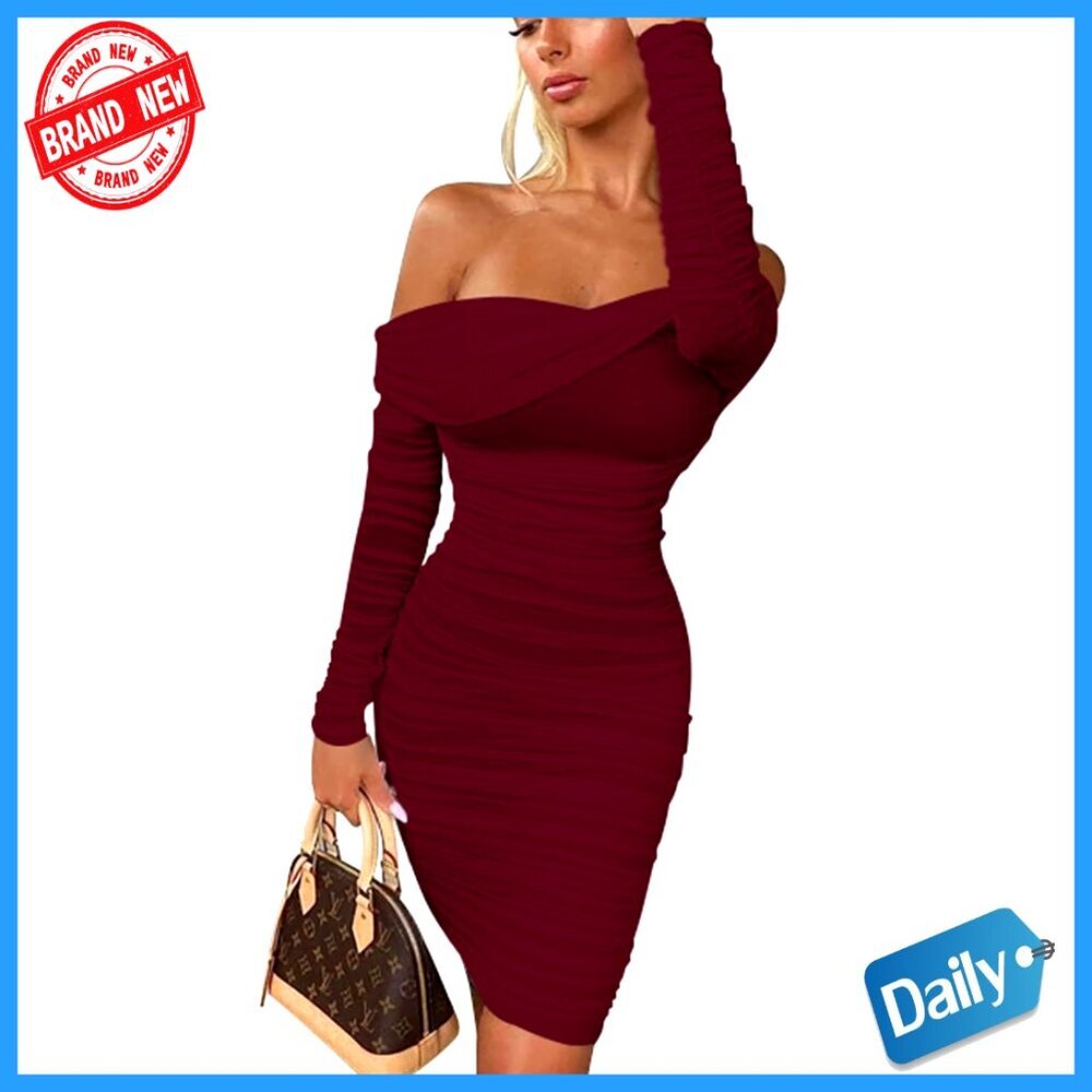 Long Sleeve Off Shoulder Ruched Bodycon Mini Dress Party Club Night Out